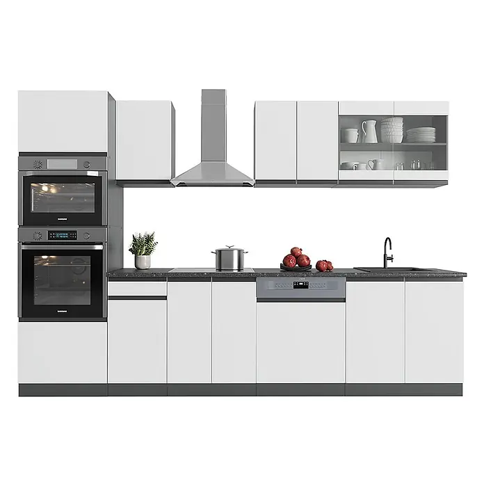 Vicco Küchenzeile R-Line Weiß/Anthrazit J-Shape, mit Hochschrank, ohne Arbeitsplatte - Breite: 300 cm, Weiß, Ohne Elektrogeräte - Moderne Küche mit weißen Schränken, dunkler Arbeitsplatte und integrierten Edelstahlgeräten (Öfen, Geschirrspüler, Dunstabzugshaube, Spüle).