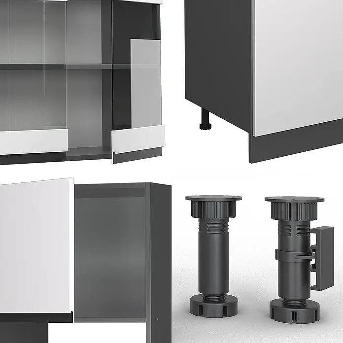Vicco Küchenzeile R-Line Weiß/Anthrazit J-Shape, mit Hochschrank, ohne Arbeitsplatte - Breite: 300 cm, Weiß, Ohne Elektrogeräte - Dunkelgrauer und weißer Modulschrank mit Glastüren, gezeigt mit dunkelgrauen verstellbaren Nivellierfüßen.