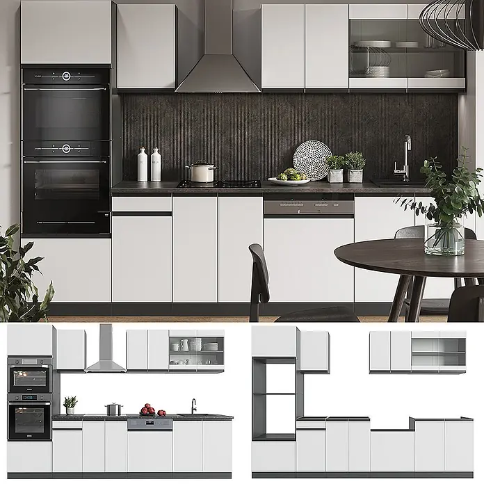 Vicco Küchenzeile R-Line Weiß/Anthrazit J-Shape, mit Hochschrank, ohne Arbeitsplatte - Breite: 300 cm, Weiß, Ohne Elektrogeräte - Moderne Modulküche mit weißen Schränken, dunklen Arbeitsplatten, integrierten Öfen, Kochfeld, Spüle und Geschirrspüler.