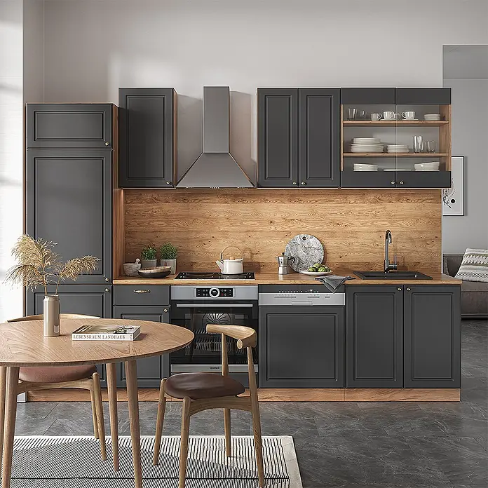 Vicco Küchenzeile Fame-Line Anthrazit Landhaus/Goldkraft Eiche ohne Arbeitsplatte - Anthrazit-Gold Landhaus, Ohne Elektrogeräte - Moderne dunkelgraue Küchenzeile mit Holzdetails, integrierten Geräten und Essbereich.