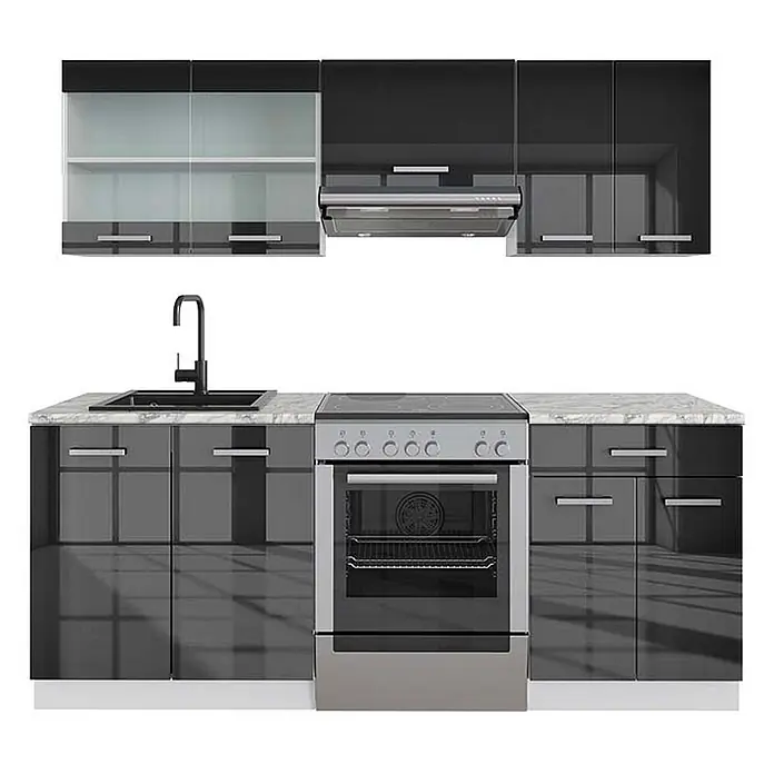 Vicco Küchenzeile R-Line Anthrazit Hochglanz/Weiß AP Marmor - Breite: 200 cm, Anthrazit Hochglanz, Ohne Elektrogeräte - Moderne schwarz glänzende Küchenzeile mit weißer Marmor-Arbeitsplatte, integriertem Ofen, Kochfeld, Spüle, Dunstabzugshaube und Oberschränken, teils mit Milchglas.
