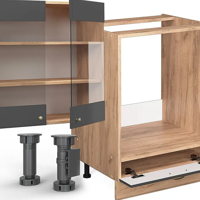 Vicco Küchenzeile Fame-Line Anthrazit Landhaus/Goldkraft Eiche ohne Arbeitsplatte - Anthrazit-Gold Landhaus, Ohne Elektrogeräte - Modulares Holzschrankgestell mit dunkelgrauen Akzenten, Glastüren und verstellbaren Möbelfüßen zur Montage.