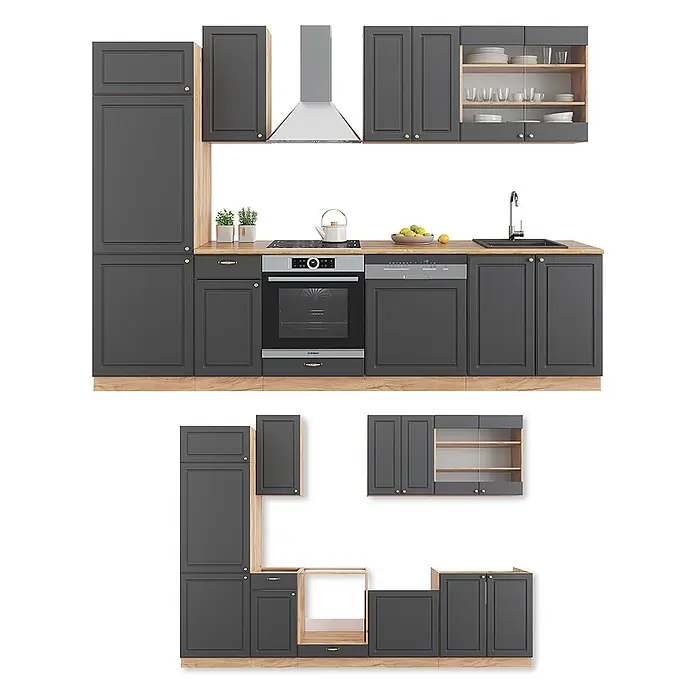 Vicco Küchenzeile Fame-Line Anthrazit Landhaus/Goldkraft Eiche ohne Arbeitsplatte - Anthrazit-Gold Landhaus, Ohne Elektrogeräte - Dunkelgraue Küchenschränke mit hellen Holzdetails, montiert und unmontiert dargestellt.