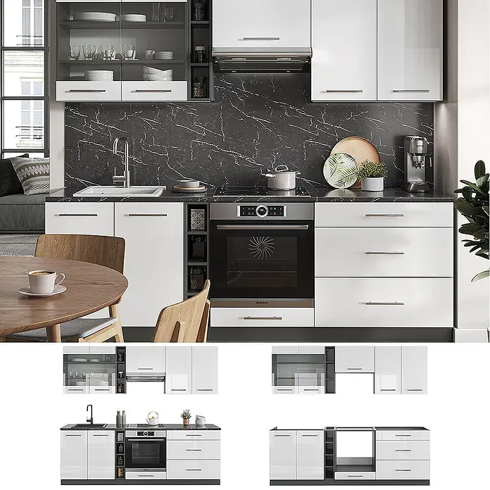 Vicco Küchenzeile Fame-Line Weiß Hochglanz/Anthrazit, AP Eiche - Breite: 235 cm, Weiß Hochglanz, Ohne Elektrogeräte - Moderne Küche mit weißen Hochglanzschränken, schwarzer Marmorplatte, integrierter Spüle/Ofen/Kochfeld.