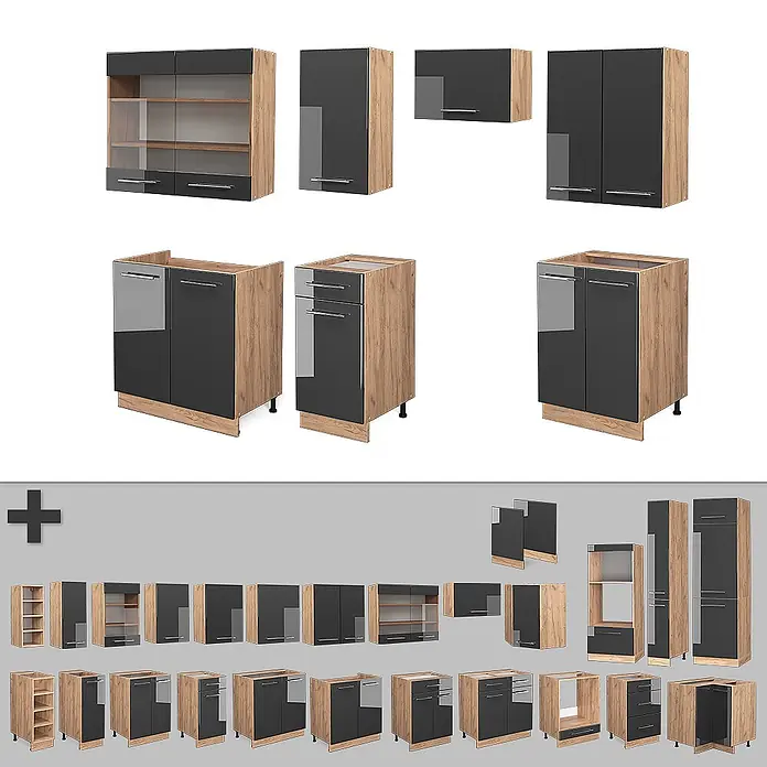 Vicco Küchenzeile Fame-Line Anthrazit Hochglanz/Goldkraft Eiche ohne Arbeitsplatte - Breite: 240 cm, Anthrazit Hochglanz, Ohne Elektrogeräte - Set modularer Küchenschränke: Holzoptik-Rahmen, dunkelgrau glänzende Türen und Schubladen.
