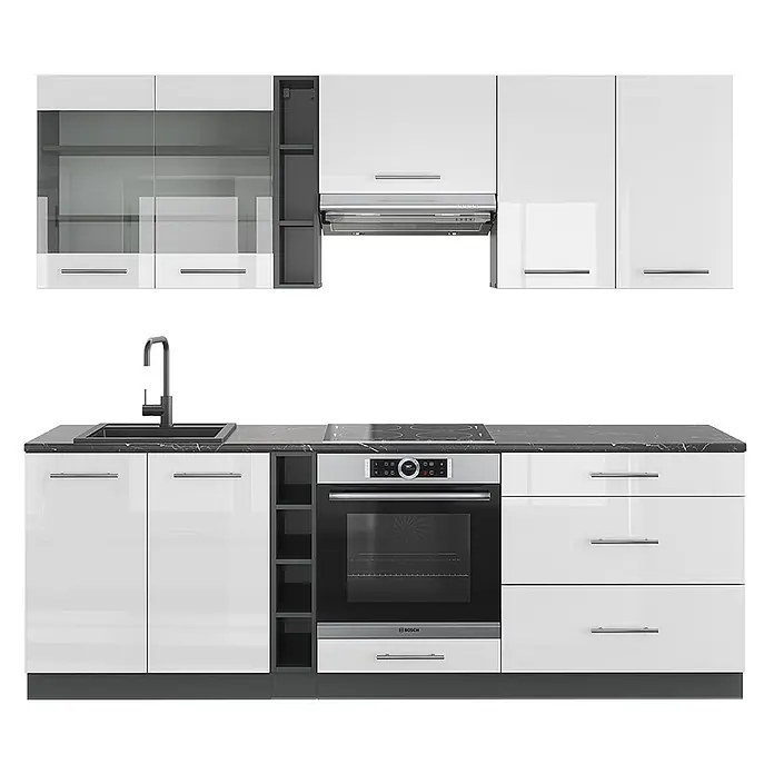 Vicco Küchenzeile Fame-Line Weiß Hochglanz/Anthrazit ohne Arbeitsplatte - Breite: 235 cm, Weiß Hochglanz, Ohne Elektrogeräte - Moderne Küchenzeile mit weißen Hochglanzschränken, dunkler Arbeitsplatte, Spüle, Backofen und Kochfeld.