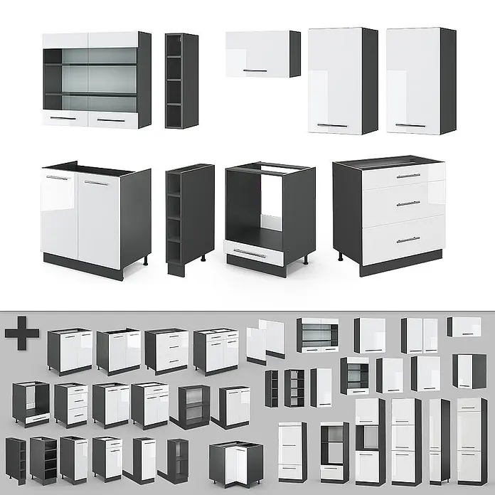 Vicco Küchenzeile Fame-Line Weiß Hochglanz/Anthrazit, AP Eiche - Breite: 235 cm, Weiß Hochglanz, Ohne Elektrogeräte - Modulare weiß-dunkelgraue Küchenschränke in verschiedenen Konfigurationen.
