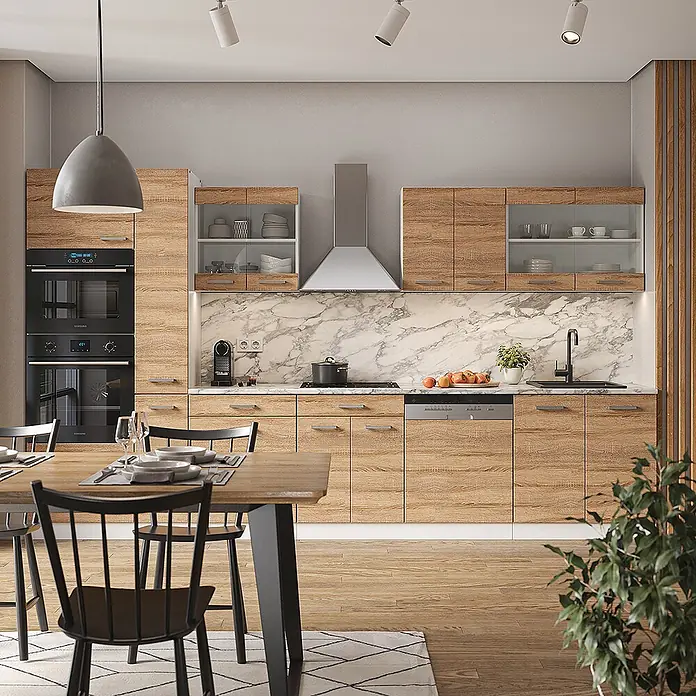 Vicco Küchenzeile R-Line Sonoma/Weiß mit Hochschrank, ohne Arbeitsplatte - Breite: 350 cm, Sonoma, Ohne Elektrogeräte - Moderne Küche mit hellen Holzmaserungsschränken, weißer Marmorrückwand und schwarzen Geräten.
