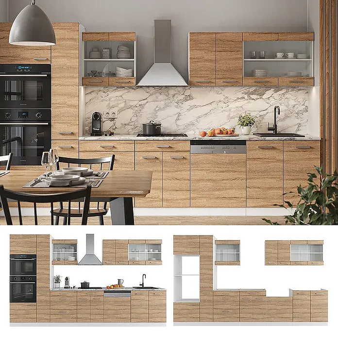 Vicco Küchenzeile R-Line Sonoma/Weiß mit Hochschrank, ohne Arbeitsplatte - Breite: 350 cm, Sonoma, Ohne Elektrogeräte - Moderne Küche mit hellen Holzmaserungsschränken, Marmor-Rückwand und schwarzen Einbaugeräten, komplett für Kochen und Essen.