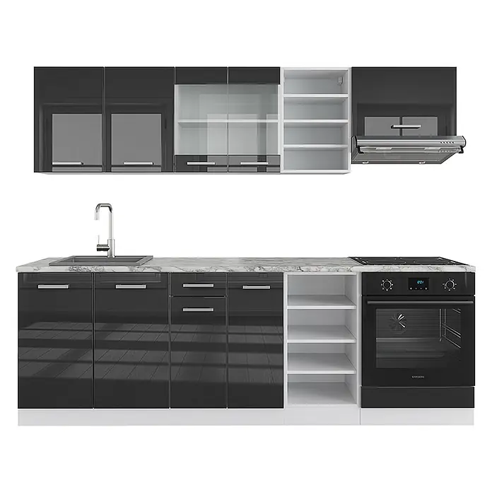 Vicco Küchenzeile R-Line Anthrazit Hochglanz/Weiß ohne Arbeitsplatte - Breite: 240 cm, Anthrazit Hochglanz, Ohne Elektrogeräte - Glänzende schwarze modulare Küche mit weißen Regalen, Arbeitsplatte in Marmoroptik, Spüle, Kochfeld, Backofen und Dunstabzugshaube.