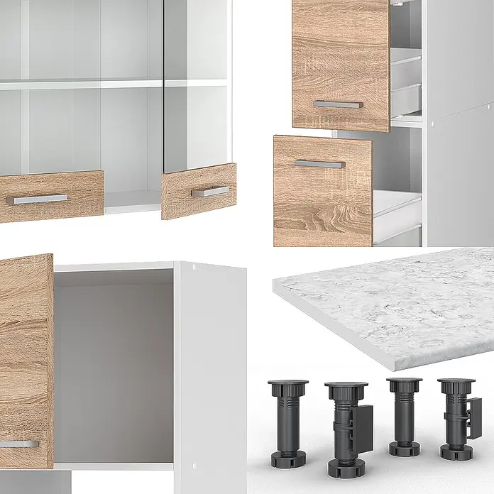 Vicco Küchenzeile R-Line Sonoma/Weiß mit Hochschrank, ohne Arbeitsplatte - Breite: 350 cm, Sonoma, Ohne Elektrogeräte - Modulares Schranksystem: weiße Korpusse, helle Holzmaserungstüren (teils mit Glas), marmorierte Arbeitsplatte und schwarze verstellbare Füße.