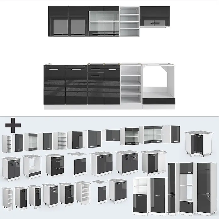 Vicco Küchenzeile R-Line Anthrazit Hochglanz/Weiß, AP Marmor - Anthrazit Hochglanz, Ohne Elektrogeräte - Modulares Küchenschrank-Set in glänzendem Dunkelgrau und Weiß.