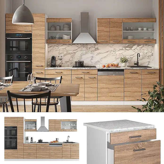 Vicco Küchenzeile R-Line Sonoma/Weiß mit Hochschrank, ohne Arbeitsplatte - Breite: 350 cm, Sonoma, Ohne Elektrogeräte - Moderne Küchenmöbel mit hellen Holzschränken, weißer Marmor-Arbeitsplatte und -Rückwand, integrierten Geräten und Glasoberschränken.