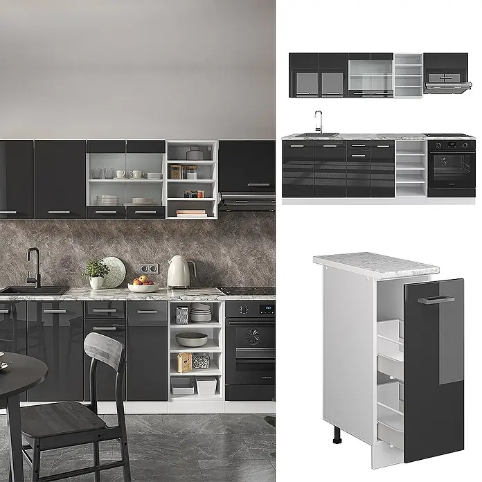 Vicco Küchenzeile R-Line Anthrazit Hochglanz/Weiß, AP Eiche - Breite: 240 cm, Anthrazit Hochglanz, Ohne Elektrogeräte - Moderne Küche mit hochglanzschwarzen Schränken, weißen Regalen und Marmorarbeitsplatte. Integrierte Geräte und Stauraum.