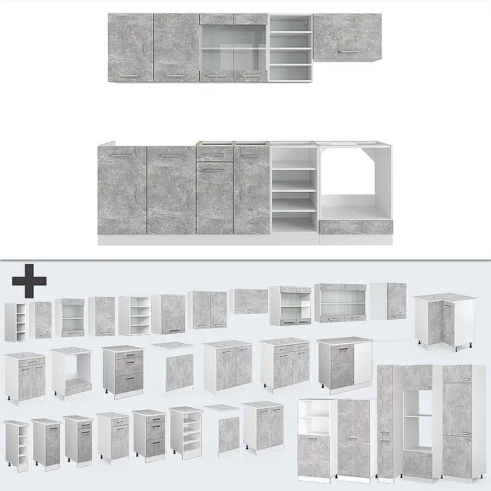 Vicco Küchenzeile R-Line Beton/Weiß ohne Arbeitsplatte - Beton, Ohne Elektrogeräte - Modulares Küchenschranksystem in Betonoptik Grau mit weißen Innenräumen, Unterschränken und Hängeschränken.