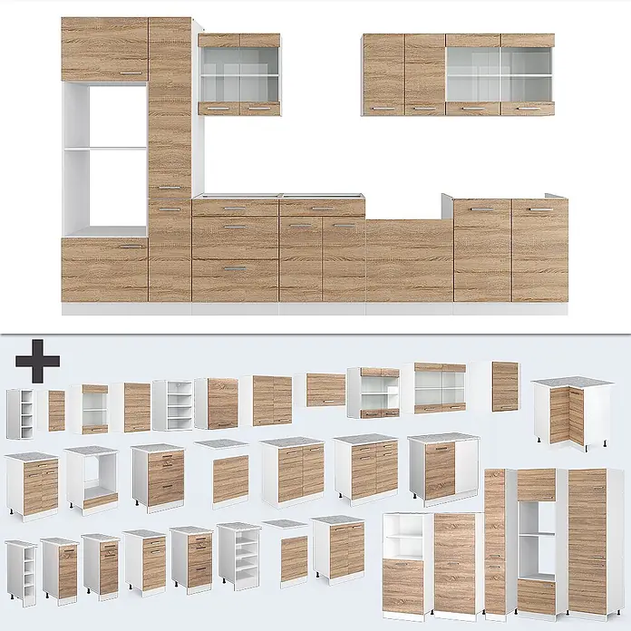 Vicco Küchenzeile R-Line Sonoma/Weiß mit Hochschrank, ohne Arbeitsplatte - Breite: 350 cm, Sonoma, Ohne Elektrogeräte - Modulare Küchenmöbelserie mit hellen Holzmaserung und weißen Schränken, inklusive Unter-, Ober- und Hochschränken.