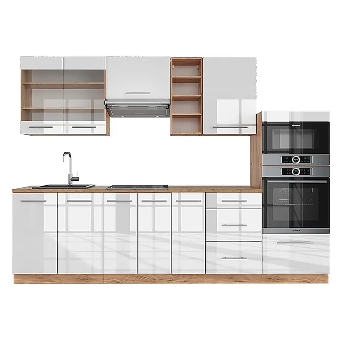 Vicco Küchenzeile Fame-Line Weiß Hochglanz/Goldkraft Eiche, AP Eiche - Breite: 280 cm, Weiß Hochglanz, Ohne Elektrogeräte - Moderne Küche in Weißglanz mit Holzdetails, Schränken, offenen Regalen, Spüle, Kochfeld, Dunstabzug und Einbauöfen.