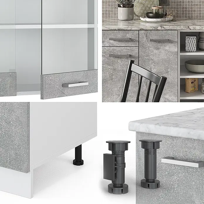 Vicco Küchenzeile R-Line Beton/Weiß ohne Arbeitsplatte - Beton, Ohne Elektrogeräte - Verstellbare schwarze Möbelfüße, silberne Griffe und graue Küchenschrankelemente in Betonoptik.