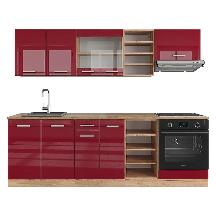 Vicco Küchenzeile R-Line Rot Hochglanz/Goldkraft Eiche ohne Arbeitsplatte - Breite: 240 cm, Rot Hochglanz, Ohne Elektrogeräte - Rote Hochglanz-Küchenzeile mit hellen Holz-Arbeitsplatten und Regalen, integrierter Spüle, Kochfeld, Backofen und Dunstabzugshaube.