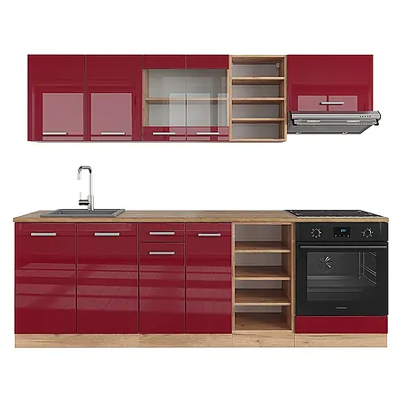 Vicco  Küchenzeile R-Line Rot Hochglanz/Goldkraft Eiche, AP Eiche