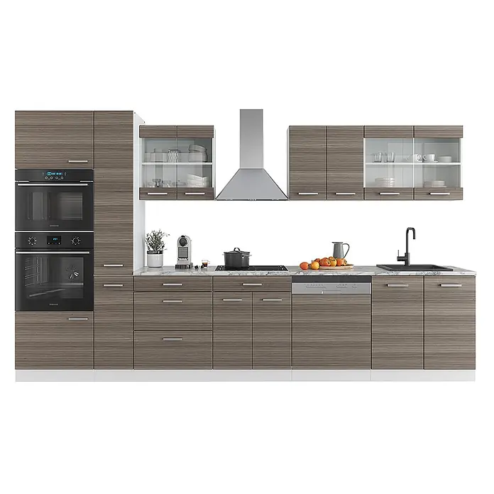 Vicco Küchenzeile R-Line Edelgrau/Weiß mit Hochschrank, AP Anthrazit - Breite: 350 cm, Edelgrau, Ohne Elektrogeräte - Moderne Küche mit grauen Holzmaserungsschränken, weißer Marmor-Arbeitsplatte und integrierten Geräten.