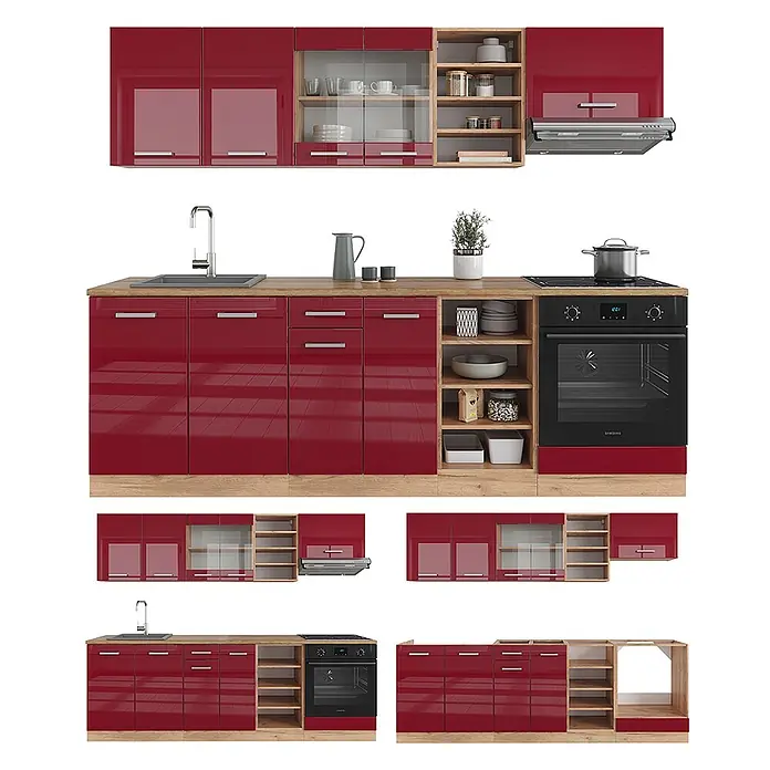 Vicco Küchenzeile R-Line Rot Hochglanz/Goldkraft Eiche, AP Eiche - Rot Hochglanz, Ohne Elektrogeräte - Moderne Küchenzeile mit hochglanzroten Schränken, Holzarbeitsplatte, Spüle, Kochfeld und Backofen.