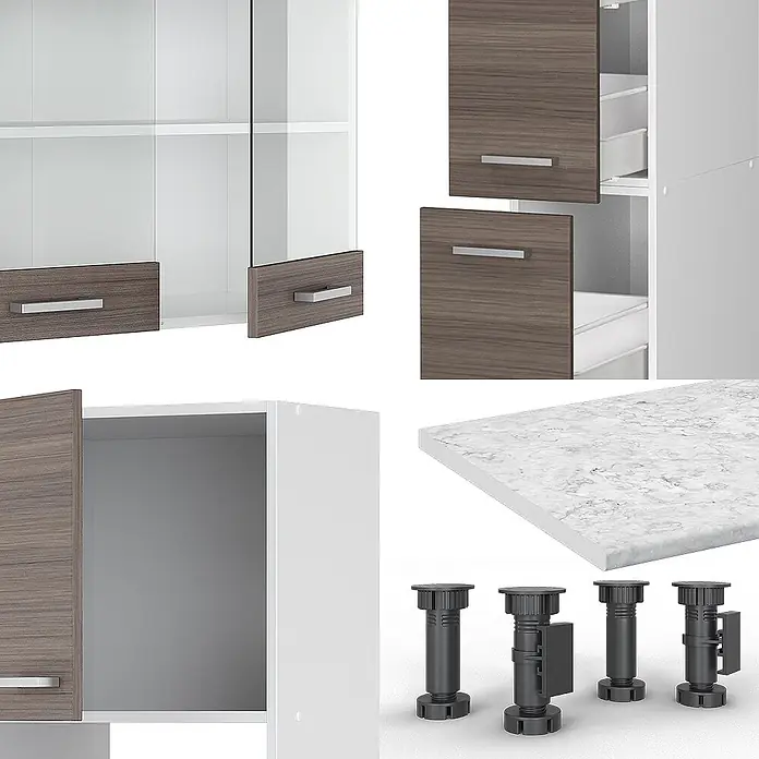 Vicco Küchenzeile R-Line Edelgrau/Weiß mit Hochschrank, AP Anthrazit - Breite: 350 cm, Edelgrau, Ohne Elektrogeräte - Modulares Schranksystem: weiße und holzfarbene Schränke, Glastüren, Marmor-Arbeitsplatte, schwarze verstellbare Beine.