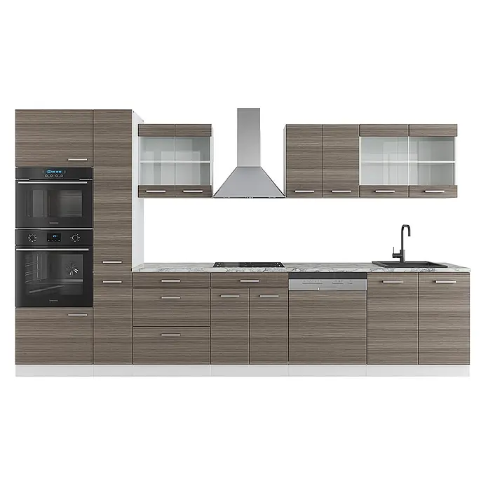 Vicco Küchenzeile R-Line Edelgrau/Weiß mit Hochschrank, ohne Arbeitsplatte - Breite: 350 cm, Edelgrau, Ohne Elektrogeräte - Moderne Küche mit Holzmaserungsschränken, Marmorarbeitsplatte, schwarzer Spüle und integrierten Edelstahlgeräten.