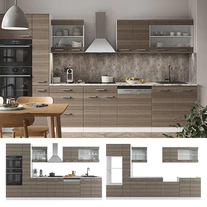 Vicco Küchenzeile R-Line Edelgrau/Weiß mit Hochschrank, AP Anthrazit - Breite: 350 cm, Edelgrau, Ohne Elektrogeräte - Moderne Küche mit Holzoptik-Schränken, integrierten Geräten und Arbeitsplatte in Marmoroptik. Modulares Design bietet viel Stauraum.