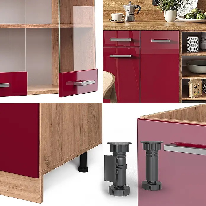 Vicco Küchenzeile R-Line Rot Hochglanz/Goldkraft Eiche, AP Eiche - Rot Hochglanz, Ohne Elektrogeräte - Glänzend rote Küchenschränke mit Holzoptik-Elementen und verstellbaren schwarzen Möbelfüßen.