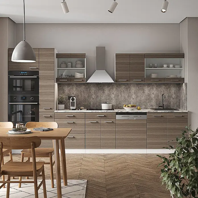 Vicco Küchenzeile R-Line Edelgrau/Weiß mit Hochschrank, AP Anthrazit - Breite: 350 cm, Edelgrau, Ohne Elektrogeräte - Moderne Küche mit Holzmaserungsschränken, integrierten Öfen, Geschirrspüler und Dunstabzugshaube, mit einer dunkelgrauen Steinoptik-Rückwand.