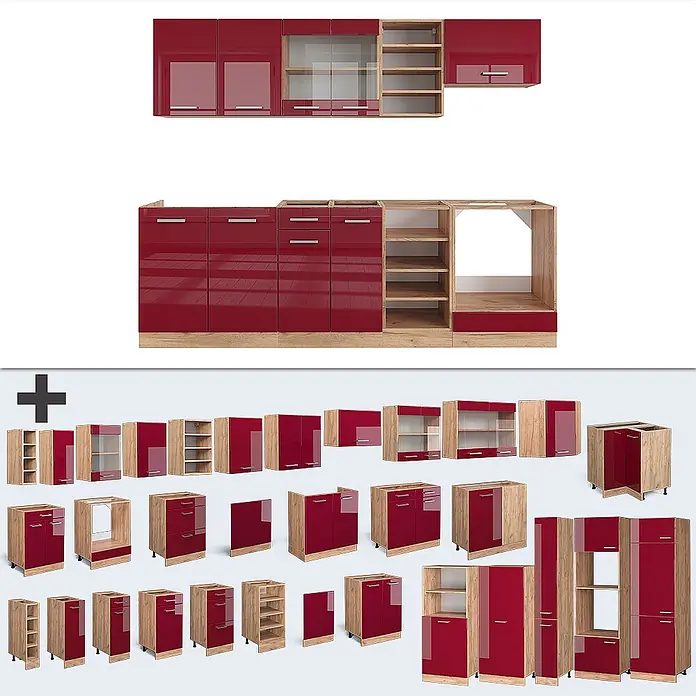 Vicco Küchenzeile R-Line Rot Hochglanz/Goldkraft Eiche ohne Arbeitsplatte - Rot Hochglanz, Ohne Elektrogeräte - Modulare Küchenschränke mit glänzend roten Fronten und hellen Holzrahmen, als Sets und Einzelmodule gezeigt.