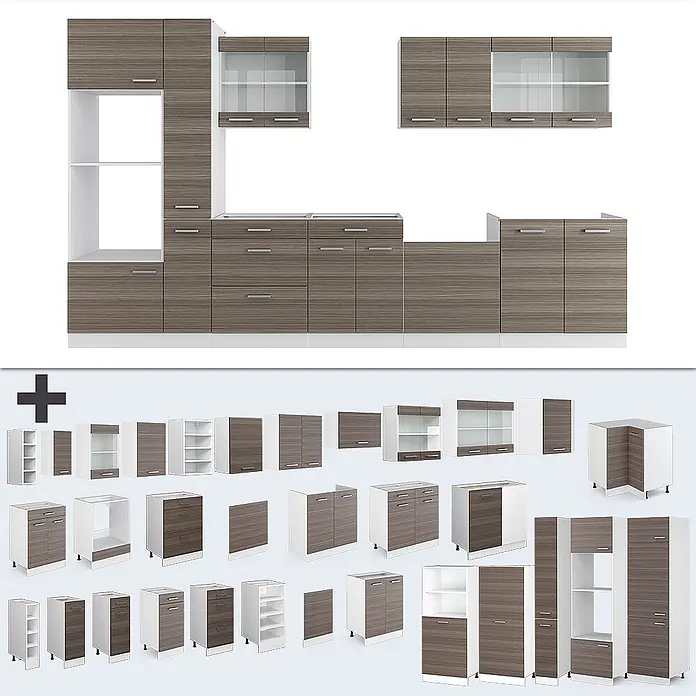 Vicco Küchenzeile R-Line Edelgrau/Weiß mit Hochschrank, AP Anthrazit - Breite: 350 cm, Edelgrau, Ohne Elektrogeräte - Modulares Küchenset in dunkler Holzoptik und Weiß, mit Unter-, Hänge- und Hochschränken, teils mit Glasfronten.
