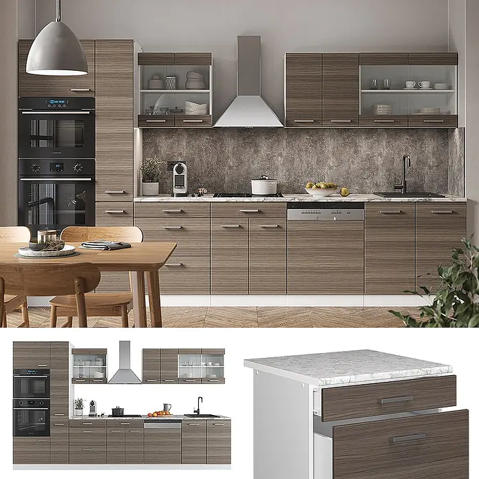Vicco Küchenzeile R-Line Edelgrau/Weiß mit Hochschrank, AP Anthrazit - Breite: 350 cm, Edelgrau, Ohne Elektrogeräte - Moderne Holzküchenzeile mit integrierten Geräten und weißen Arbeitsplatten, präsentiert in einer zeitgemäßen Küchenumgebung.