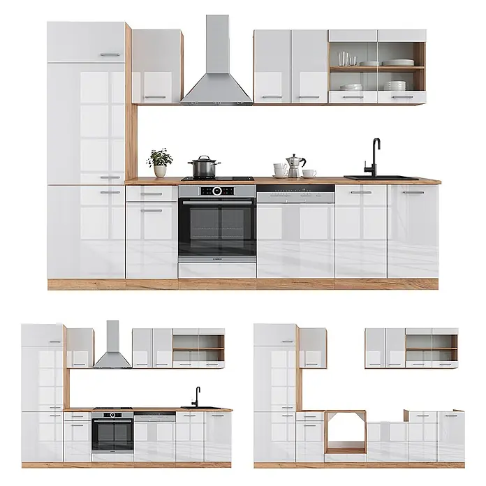 Vicco Küchenzeile R-Line Weiß Hochglanz/Goldkraft Eiche, AP Anthrazit - Breite: 300 cm, Weiß Hochglanz, Ohne Elektrogeräte - Moderne Einbauküche mit weißen Hochglanzfronten und heller Holzoptik-Arbeitsplatte. Inklusive Backofen, Kochfeld, Spüle und Dunstabzugshaube.