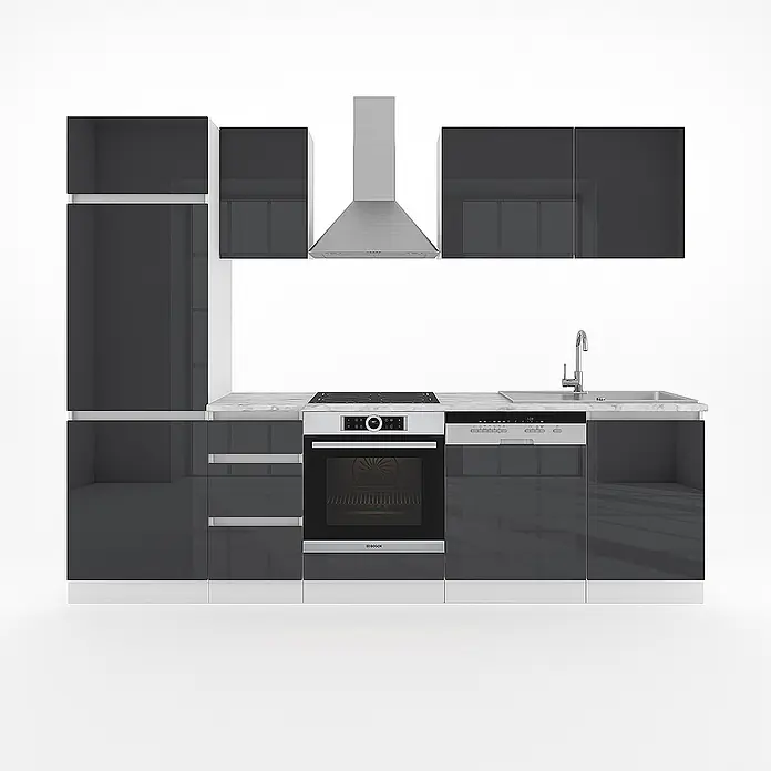 Vicco Küchenzeile Optima Anthrazit Hochglanz/Weiß ohne Arbeitsplatte, grifflos - Breite: 270 cm, Anthrazit Hochglanz, Ohne Elektrogeräte - Moderne Küchenzeile mit hochglänzenden dunkelgrauen Schränken, Edelstahlgeräten (Dunstabzug, Kochfeld, Backofen, Spülmaschine) und Spüle.