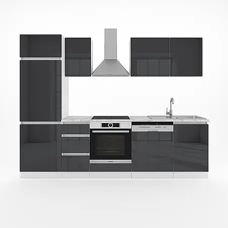 Vicco  Küchenzeile Optima Anthrazit Hochglanz ohne Arbeitsplatte grifflos mit LED-Leisten