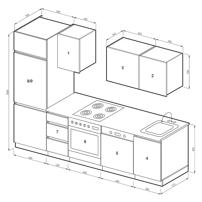 Vicco Küchenzeile Optima Anthrazit Hochglanz/Weiß ohne Arbeitsplatte, grifflos - Breite: 270 cm, Anthrazit Hochglanz, Ohne Elektrogeräte - Technische Zeichnung eines modularen Küchenaufbaus mit Ober- und Unterschränken, Geräten und detaillierten Maßen.