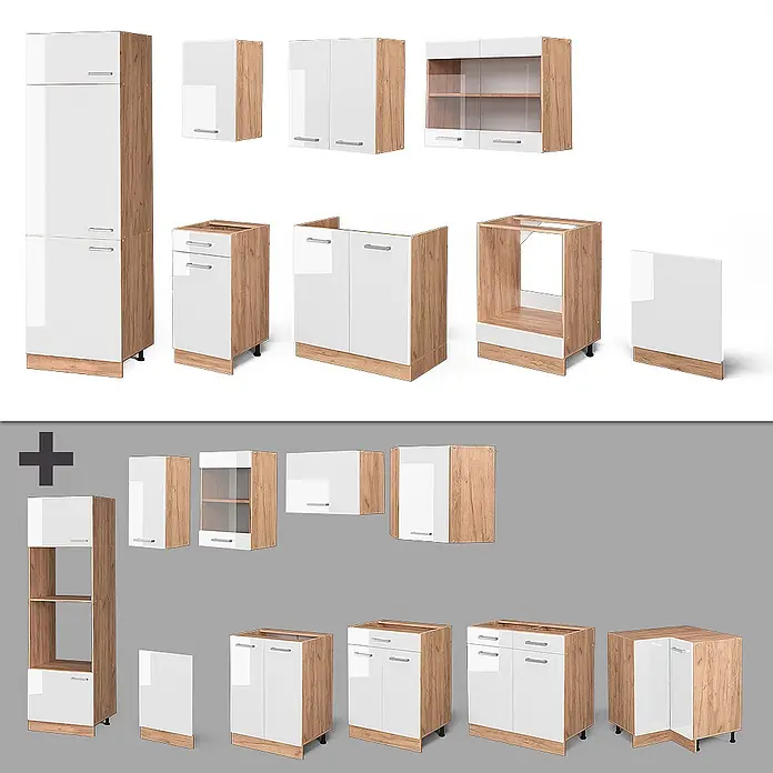Vicco Küchenzeile R-Line Weiß Hochglanz/Goldkraft Eiche, AP Anthrazit - Breite: 300 cm, Weiß Hochglanz, Ohne Elektrogeräte - Modulare Küchenschränke mit weißen Hochglanzfronten und hellen Holzrahmen.
