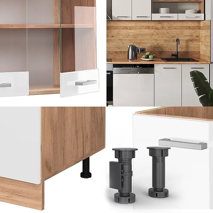 Vicco Küchenzeile R-Line Weiß Hochglanz/Goldkraft Eiche, AP Anthrazit - Breite: 300 cm, Weiß Hochglanz, Ohne Elektrogeräte - Modulare Küchenmöbel in Weiß Hochglanz und Naturholzoptik. Mit Vitrinenschränken, Chromgriffen und verstellbaren Füßen.