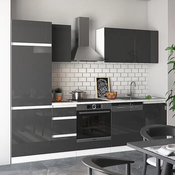 Vicco Küchenzeile Optima Anthrazit Hochglanz/Weiß ohne Arbeitsplatte, grifflos - Breite: 270 cm, Anthrazit Hochglanz, Ohne Elektrogeräte - Moderne Küche mit hochglänzenden dunkelgrauen Schränken, integrierten Geräten und Dunstabzugshaube aus Edelstahl.