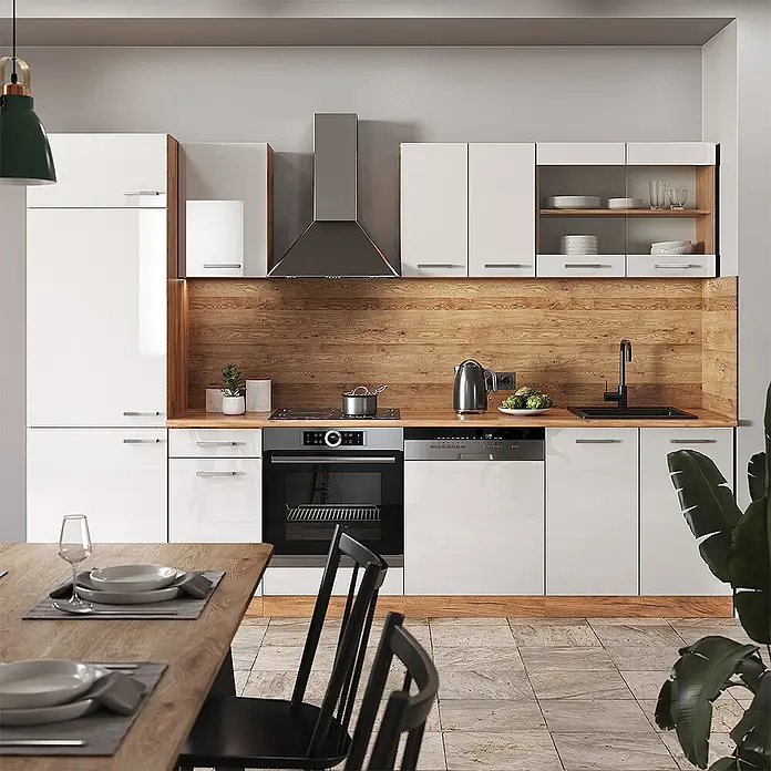 Vicco Küchenzeile R-Line Weiß Hochglanz/Goldkraft Eiche, AP Anthrazit - Breite: 300 cm, Weiß Hochglanz, Ohne Elektrogeräte - Moderne Küche mit weißen Hochglanzschränken, Holzoptik-Rückwand und integrierten Edelstahlgeräten.