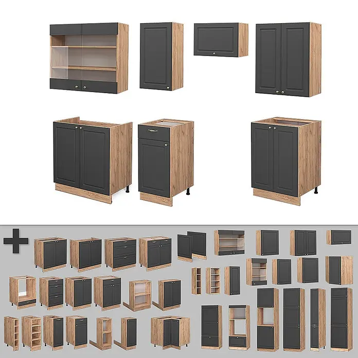 Vicco Küchenzeile Fame-Line Anthrazit Landhaus/Goldkraft Eiche, AP Eiche - Breite: 240 cm, Anthrazit Landhaus, Ohne Elektrogeräte - Modulares Küchenschrank-Set mit dunkelgrauen Türen und hellen Holzrahmen, inklusive Ober-, Unter- und Hochschränken.