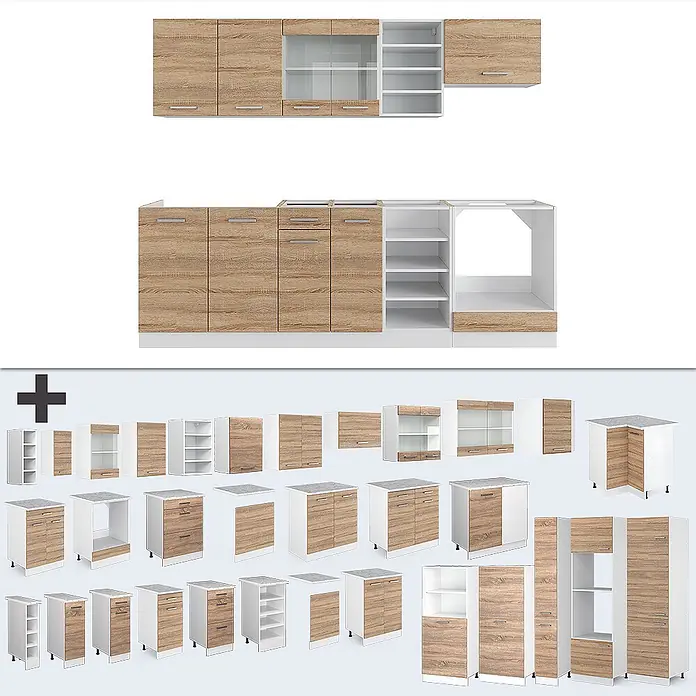 Vicco Küchenzeile R-Line Sonoma/Weiß, AP Eiche - Sonoma, Ohne Elektrogeräte - Modulare Küchenmöbel-Set mit hellen Holzfronten und weißen Korpen, bestehend aus Unter-, Ober- und Hochschränken.