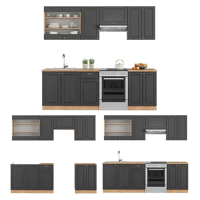 Vicco Küchenzeile Fame-Line Anthrazit Landhaus/Goldkraft Eiche, AP Eiche - Anthrazit-Gold Landhaus, Ohne Elektrogeräte - Modulares dunkelgraues Küchenset mit Holzelementen, gezeigt in verschiedenen Konfigurationen für Küchenlayouts.