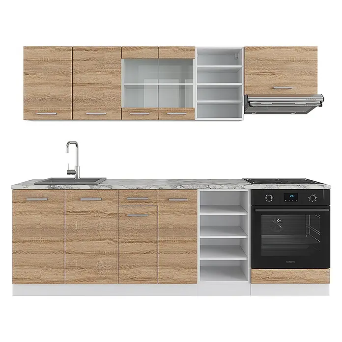 Vicco Küchenzeile R-Line Sonoma/Weiß, AP Marmor - Breite: 240 cm, Sonoma, Ohne Elektrogeräte - Küchenzeile in heller Holzoptik mit weißen Regalen, Marmor-Arbeitsplatte, Spüle, Backofen, Kochfeld und Dunstabzugshaube.