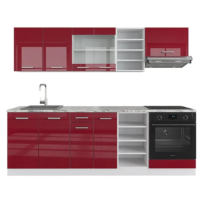 Vicco Küchenzeile R-Line Rot Hochglanz/Weiß ohne Arbeitsplatte - Breite: 240 cm, Rot Hochglanz, Ohne Elektrogeräte - Moderne rote Hochglanzküche mit weißer Marmor-Arbeitsplatte, Spüle, Kochfeld, Backofen, Dunstabzugshaube und offenen Regalen.
