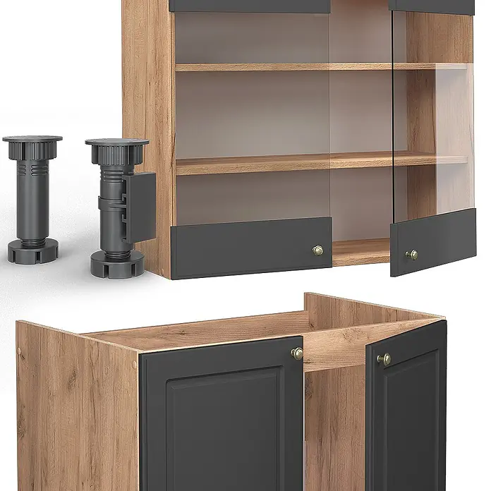 Vicco Küchenzeile Fame-Line Anthrazit Landhaus/Goldkraft Eiche, AP Eiche - Anthrazit-Gold Landhaus, Ohne Elektrogeräte - Modulares Küchenschranksystem mit Holzmaserung, dunkelgrauen Türen (voll & Glas), Messinggriffen und verstellbaren Füßen.