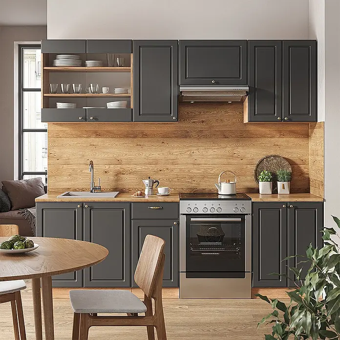 Vicco Küchenzeile Fame-Line Anthrazit Landhaus/Goldkraft Eiche, AP Eiche - Anthrazit-Gold Landhaus, Ohne Elektrogeräte - Dunkelgraue Küchenschränke mit goldenen Griffen und einer Arbeitsplatte aus Holz in einer modernen Küche.