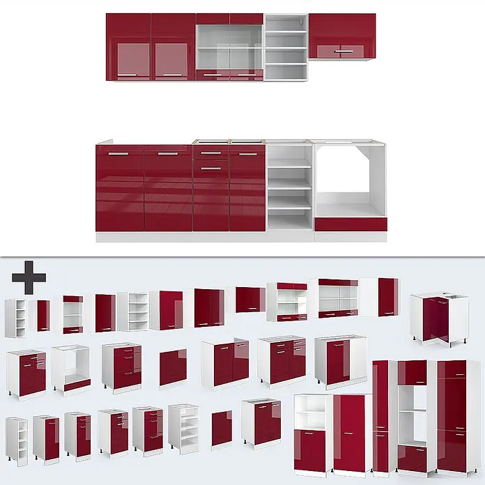 Vicco Küchenzeile R-Line Rot Hochglanz/Weiß ohne Arbeitsplatte - Rot Hochglanz, Ohne Elektrogeräte - Modulares Küchenschrank-Set in Rot-Weiß mit Hochglanzfronten, bestehend aus verschiedenen Unter-, Ober- und Hochschränken für ein modernes Küchendesign.